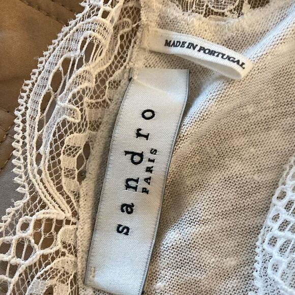 Sandro Paris Linen Long Sleeve Top with Lace Detail. Off White. Size 3 (L). - Picture 6 of 12